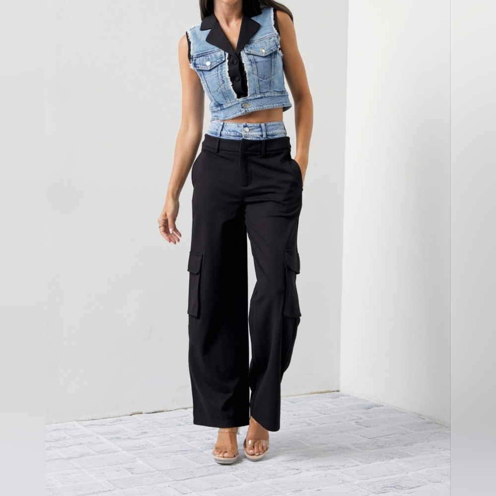 #512 521 🛑S,L HIGH END Mixed Fabric Denim Vest and Cargo Pants Set - Picture 8 of 16